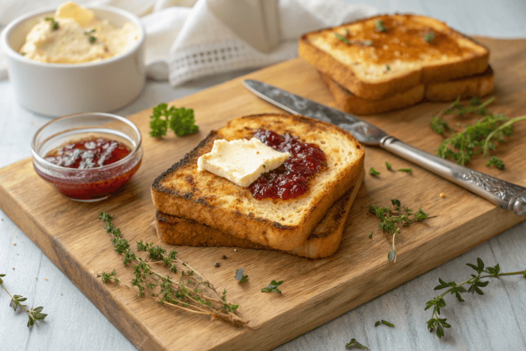 Overhead view of perfectly toasted golden bread on a wooden cutting board, surrounded by butter, jam, and fresh herbs, with a knife spreading butter on one slice for an appetizing touch.