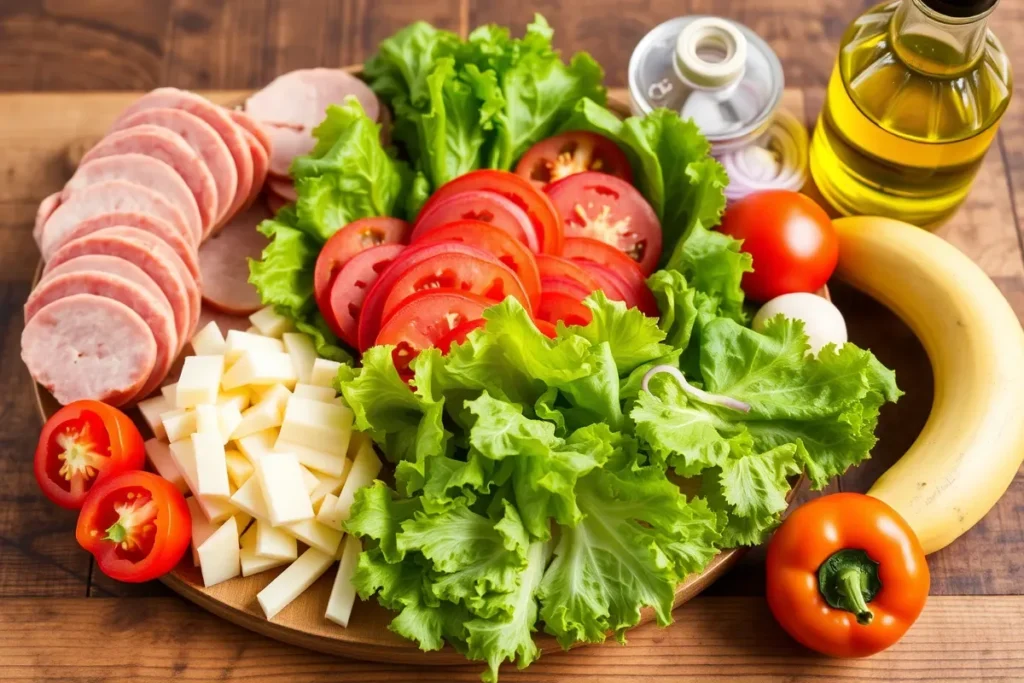 Fresh ingredients for a chopped Italian sandwich, including meats, cheeses, vegetables, and dressing.