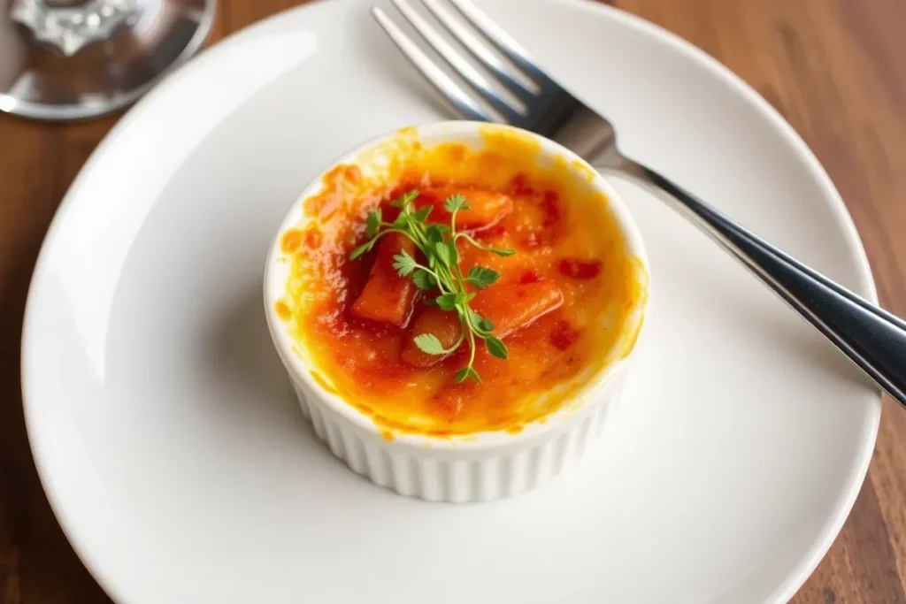 Crab Brûlée Recipe - A golden caramelized crust atop creamy custard with fresh crab meat, served in a white ramekin.