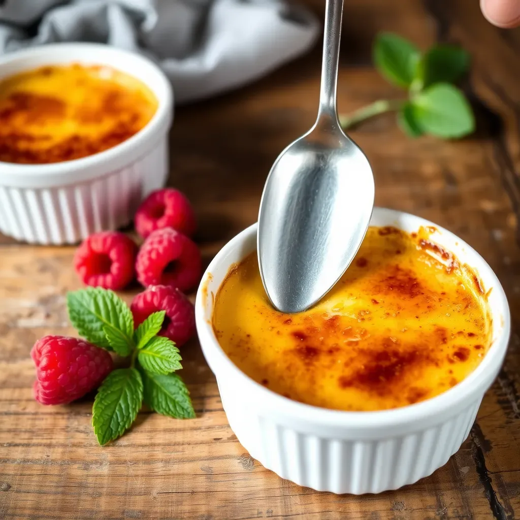 What does crème brûlée taste like? A close-up of a creamy custard dessert with a caramelized sugar top, served in a white ramekin.