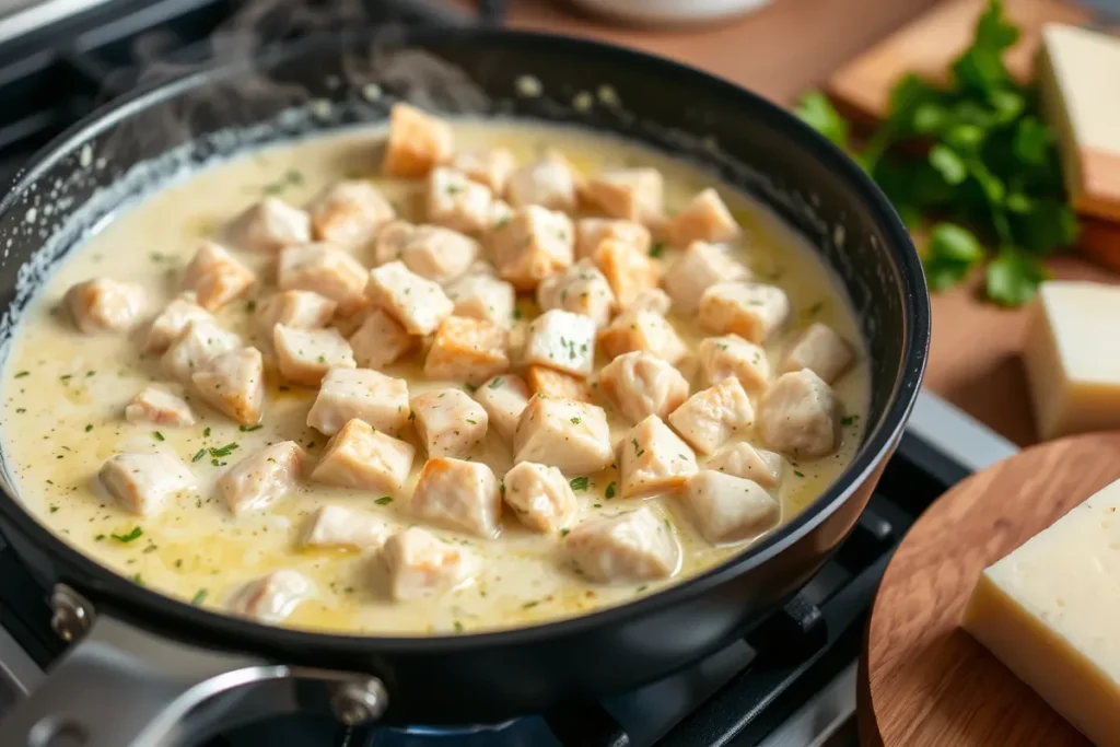  Garlic Parmesan Chicken Pasta cooking in a skillet with creamy sauce and sautéed chicken.