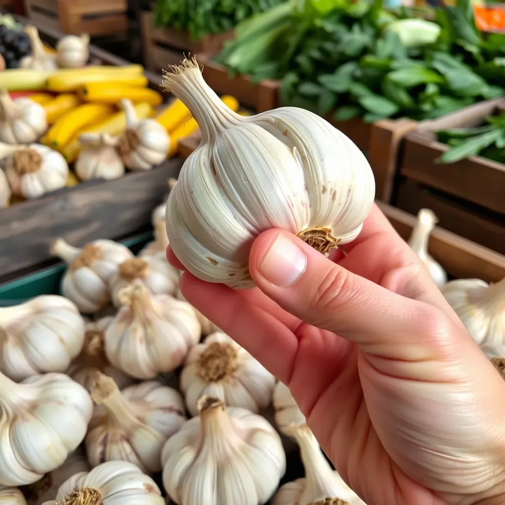 Fresh garlic bulbs being selected at a farmers’ market.