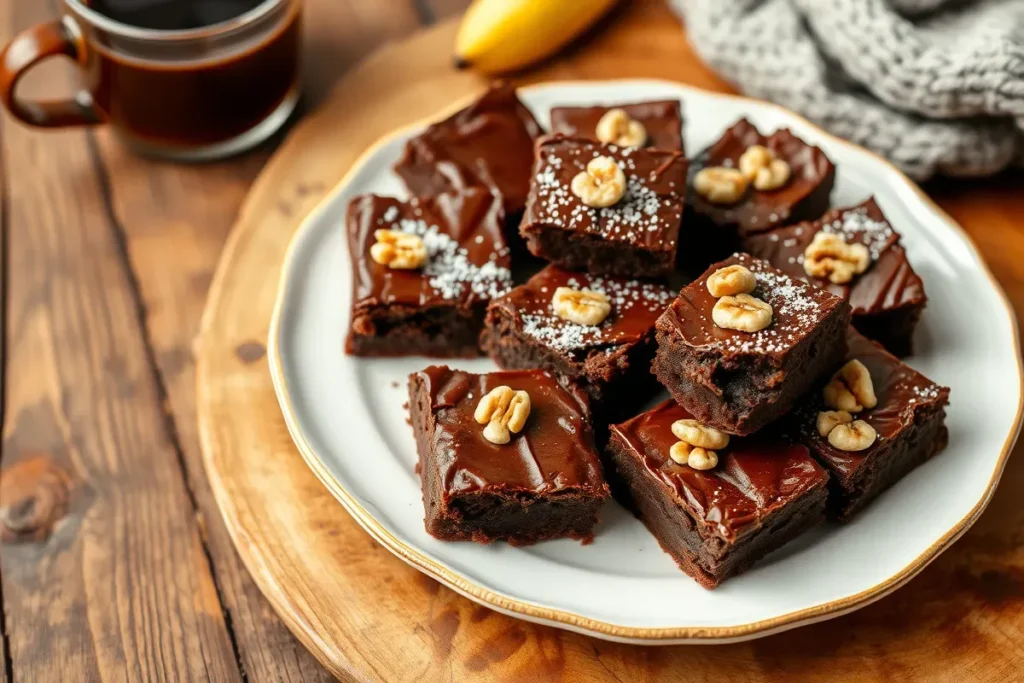 Fudgy banana brownies topped with powdered sugar and walnuts on a plate.