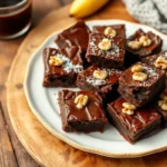 Fudgy banana brownies topped with powdered sugar and walnuts on a plate.