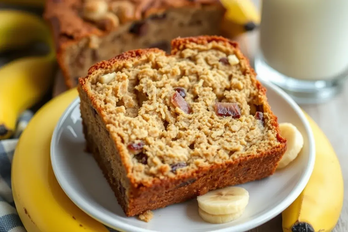 Can you put too much banana in banana bread? A loaf of freshly baked banana bread on a wooden cutting board with ripe bananas.