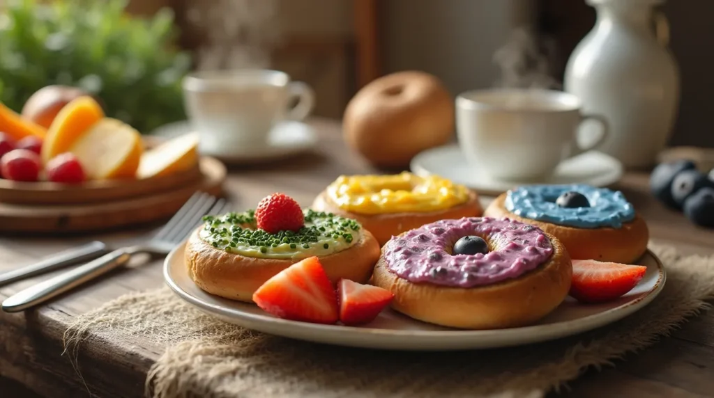 A platter showcasing various uses of flavored cream cheese, including a bagel with strawberry cream cheese, a bowl of veggie dip, and cheesecake cups.