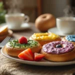 A platter showcasing various uses of flavored cream cheese, including a bagel with strawberry cream cheese, a bowl of veggie dip, and cheesecake cups.