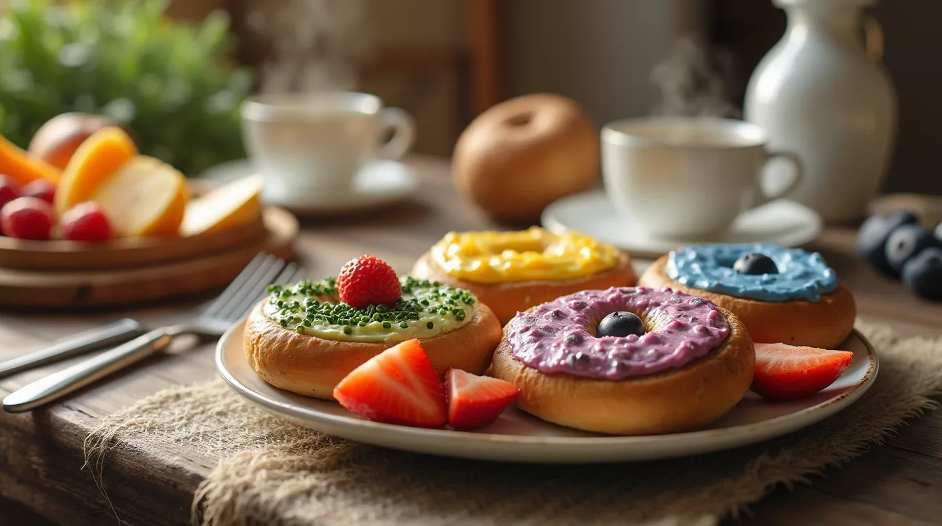 A platter showcasing various uses of flavored cream cheese, including a bagel with strawberry cream cheese, a bowl of veggie dip, and cheesecake cups.