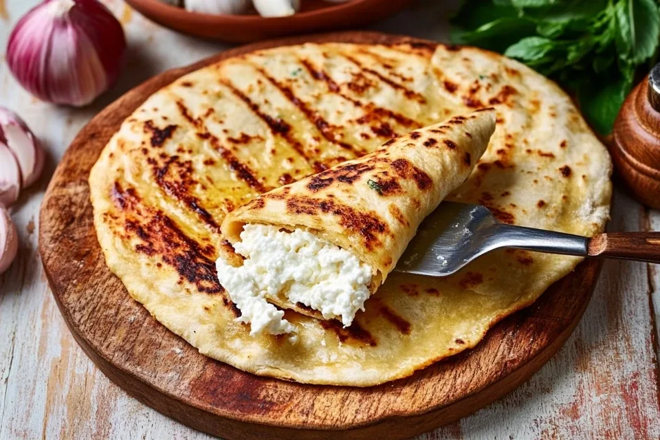 Golden-brown cottage cheese flatbread on a wooden tray, indicating it is perfectly done