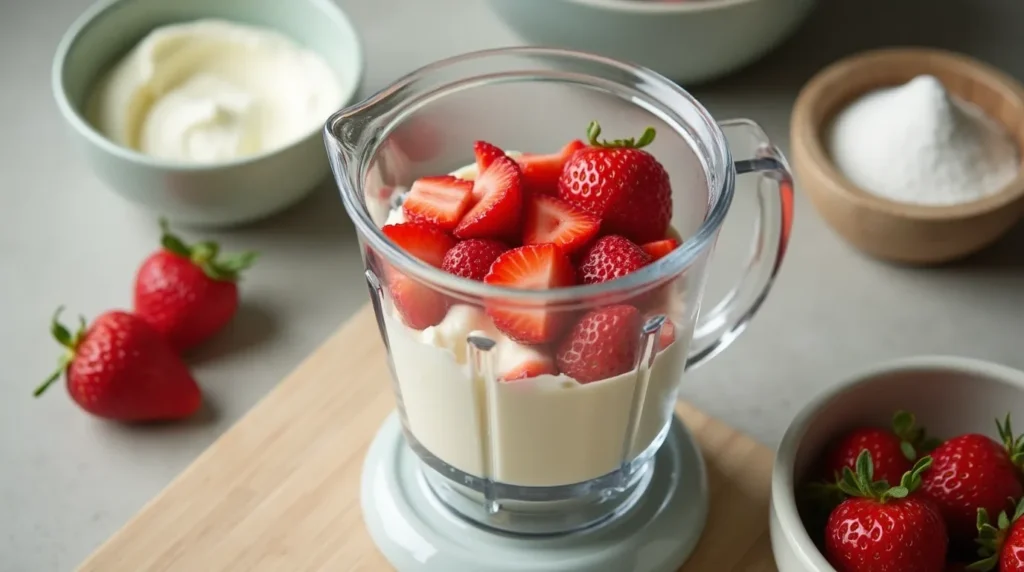 Homemade strawberry cream cheese in a white bowl with fresh strawberries nearby