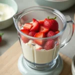 Homemade strawberry cream cheese in a white bowl with fresh strawberries nearby