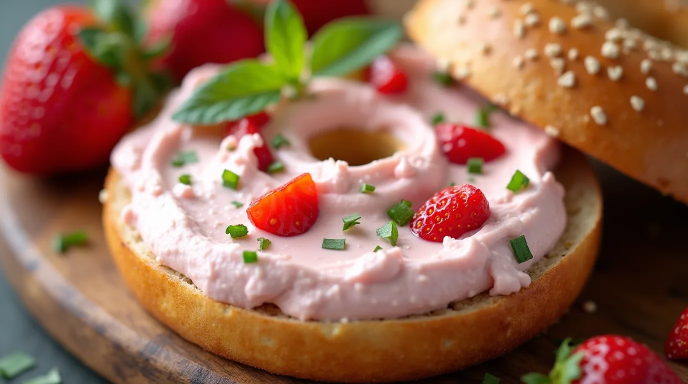 1 oz of strawberry cream cheese spread on a toasted bagel, showing its creamy texture and vibrant strawberry pieces.