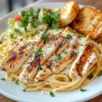 Fresh ingredients for Garlic Parmesan Chicken Pasta including chicken, pasta, garlic, parmesan cheese, and herbs.