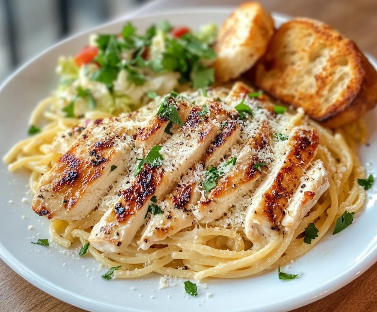 Fresh ingredients for Garlic Parmesan Chicken Pasta including chicken, pasta, garlic, parmesan cheese, and herbs.