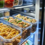 Garlic chicken pasta stored in an airtight container inside a refrigerator.