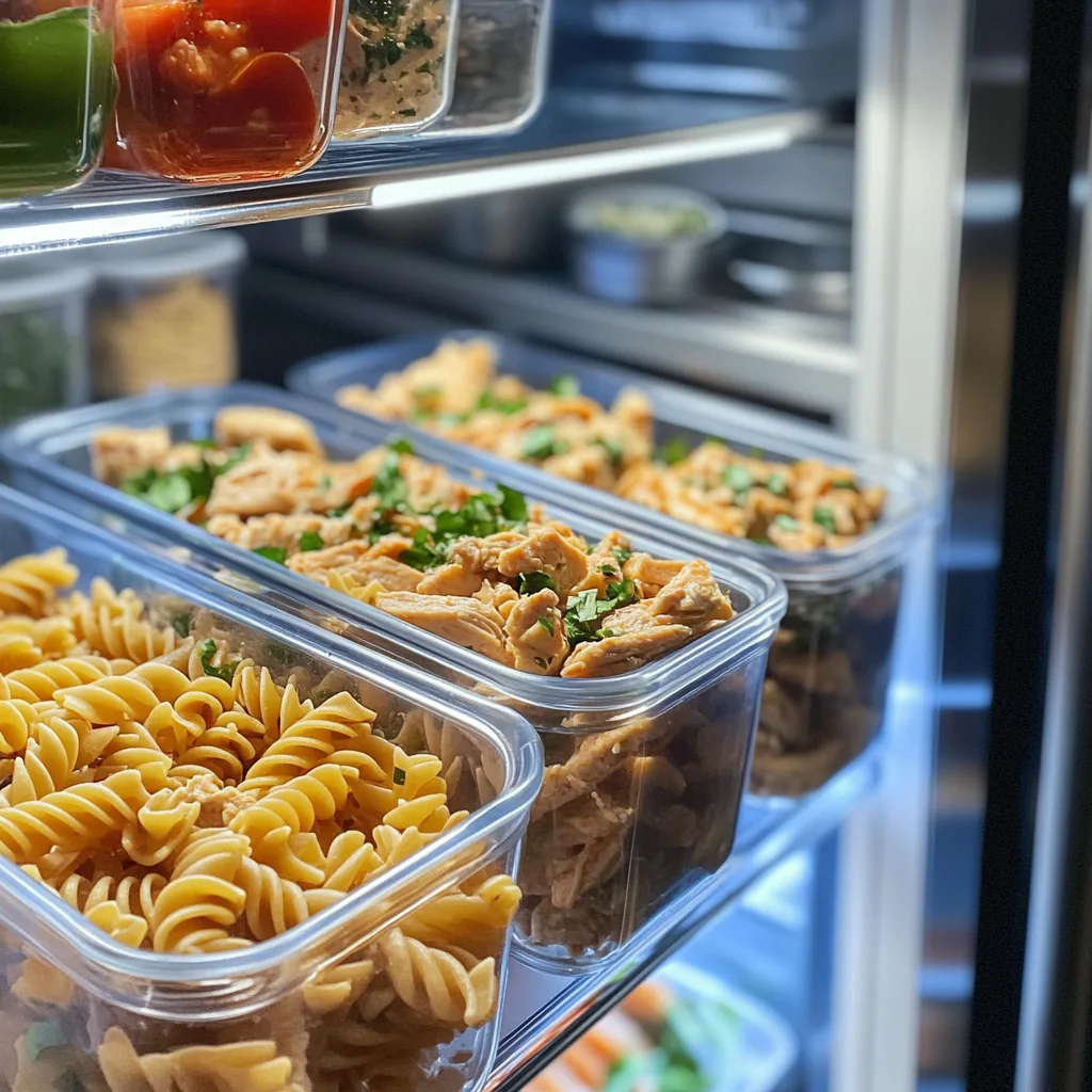 Garlic chicken pasta stored in an airtight container inside a refrigerator.