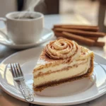 A beautifully decorated cinnamon roll cheesecake topped with cream cheese frosting and cinnamon swirl, resting on a rustic wooden table.