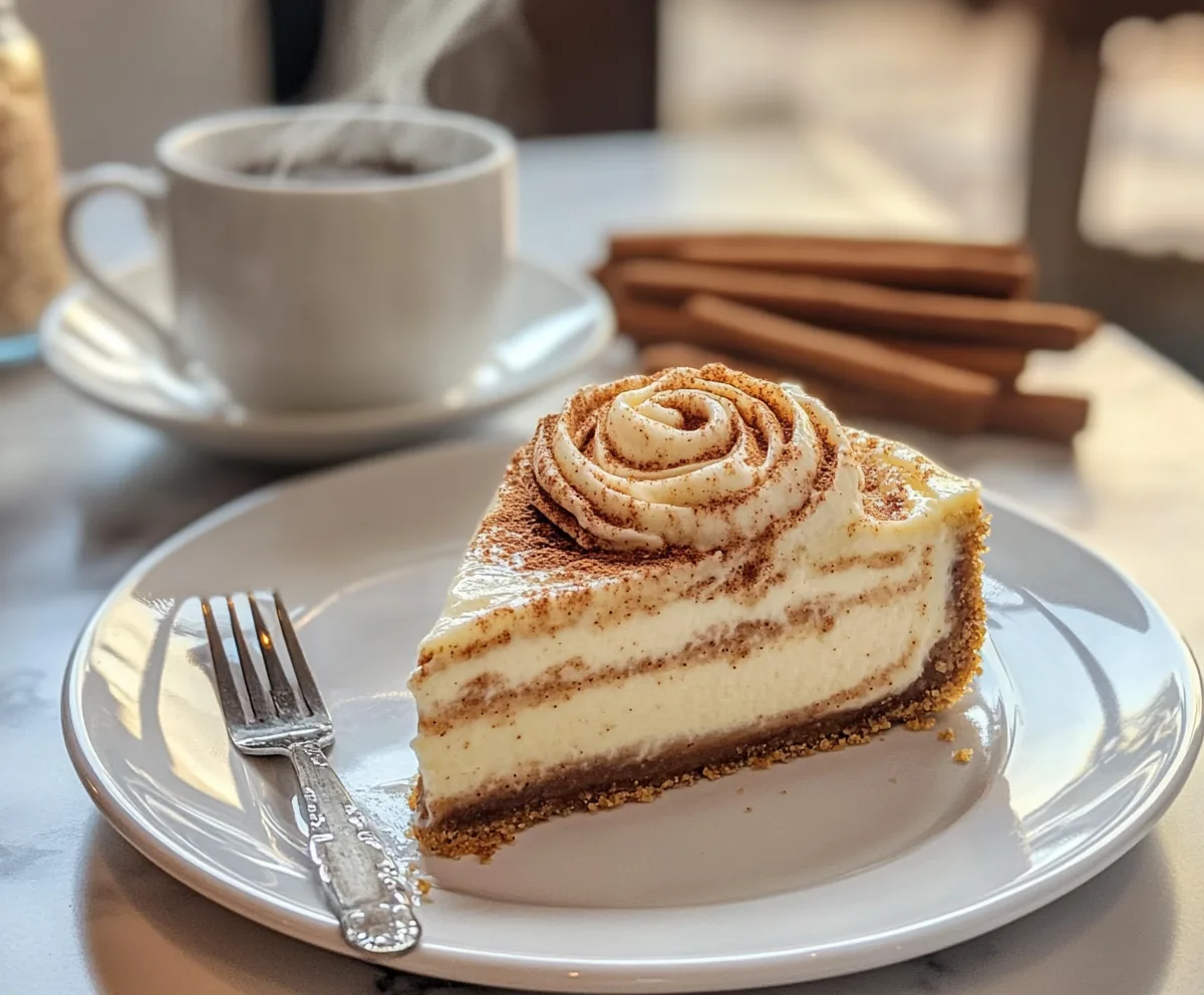A beautifully decorated cinnamon roll cheesecake topped with cream cheese frosting and cinnamon swirl, resting on a rustic wooden table.