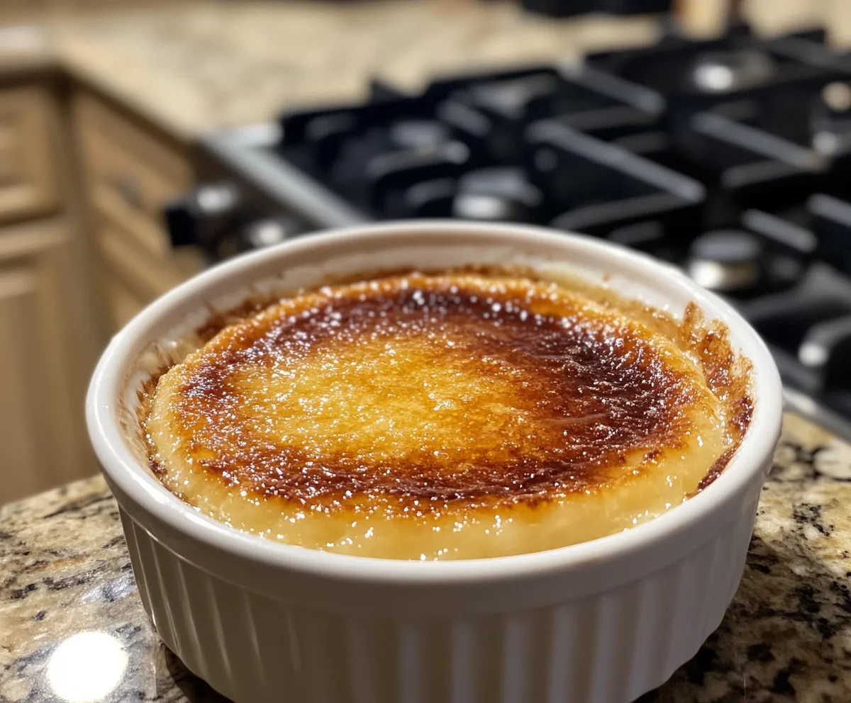 Crab Brûlée Recipe - A golden caramelized crust atop creamy custard with fresh crab meat, served in a white ramekin.