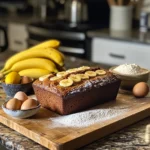 Banana bread batter being mixed in a bowl with a wooden spoon.