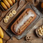 Mixing banana bread batter with baking soda and baking powder on a wooden countertop.