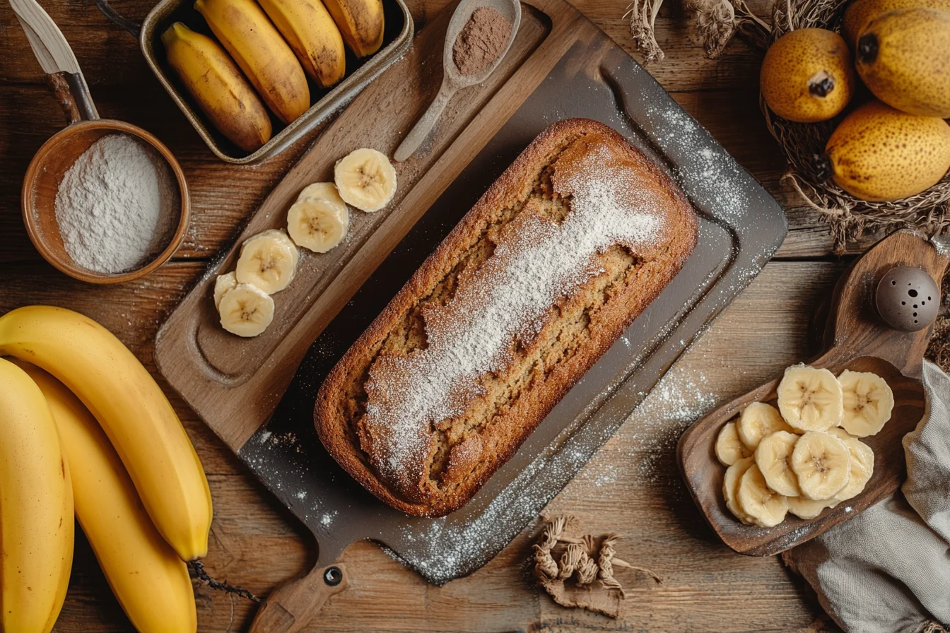 Mixing banana bread batter with baking soda and baking powder on a wooden countertop.