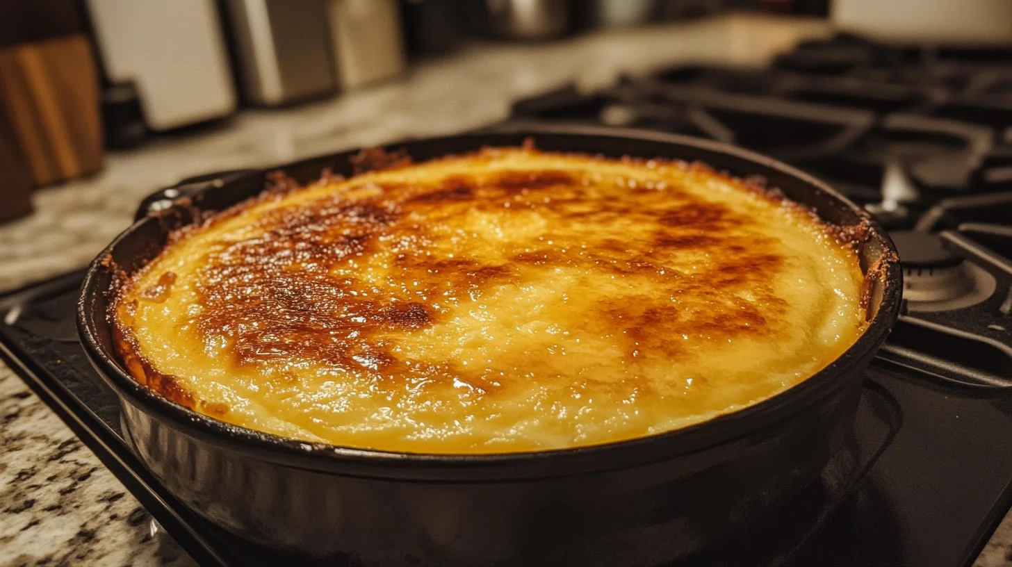 What’s the difference between crème brûlée and custard? A caramelized crème brûlée next to a creamy custard for comparison.