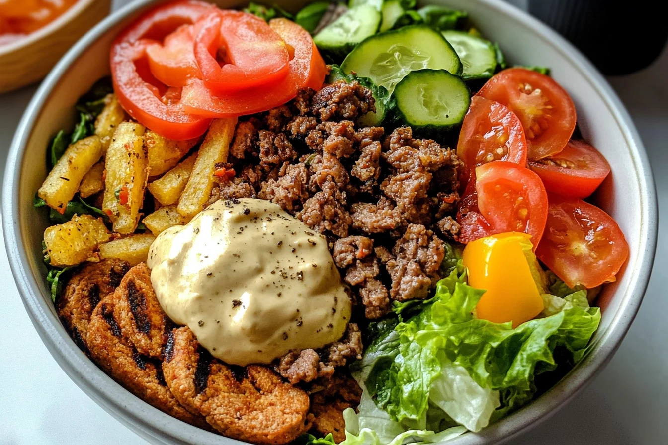 Burger bowl with fresh greens, grilled chicken, colorful vegetables, and a drizzle of dressing
