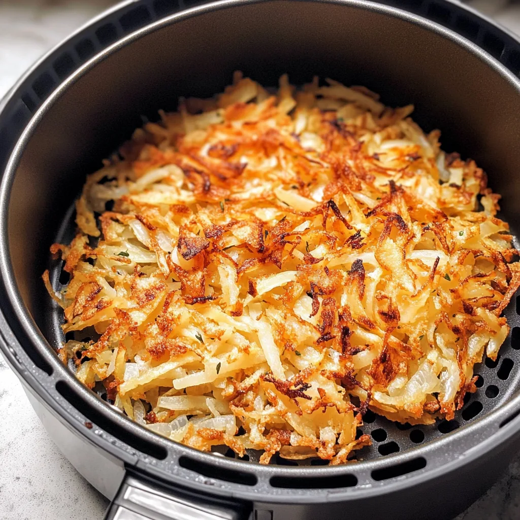 Hash browns frying in a skillet with butter and oil for a perfect golden crust.