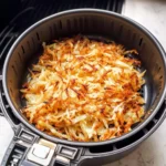 Air fryer hash browns in a basket, golden and crispy