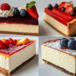 Three types of cheesecake displayed on a wooden table, showcasing classic New York cheesecake, chocolate cheesecake, and fruit-topped cheesecake.