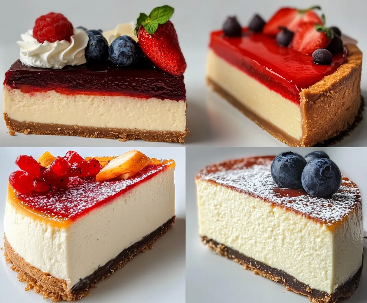 Three types of cheesecake displayed on a wooden table, showcasing classic New York cheesecake, chocolate cheesecake, and fruit-topped cheesecake.