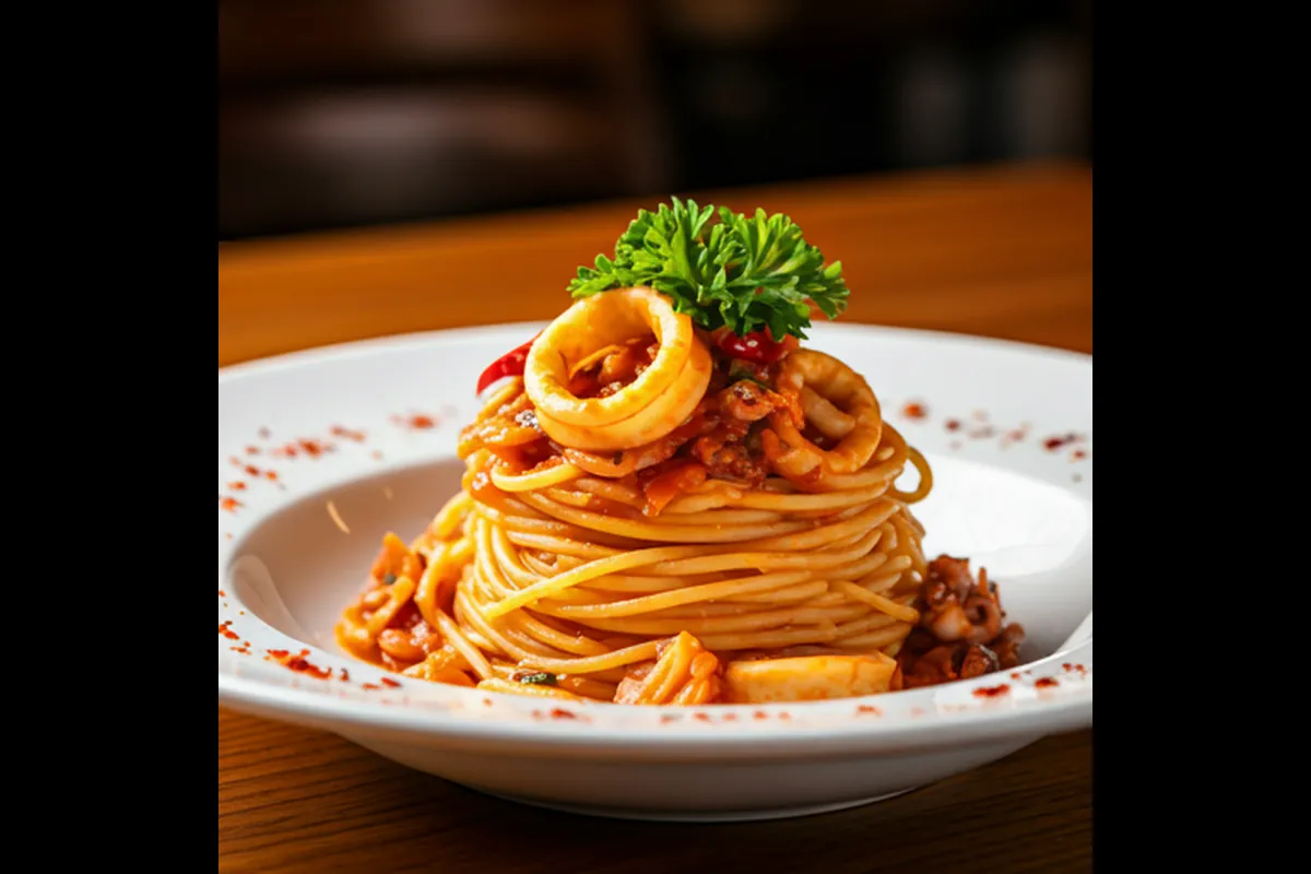 A plate of spaghetti with seafood and a sprig of parsley sits on a wooden table.