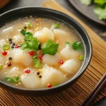 Steaming bowl of fish maw soup with garnishes