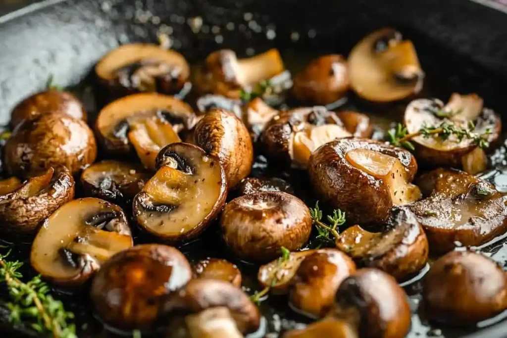 Mushrooms Sautéing in a Skillet with Garlic and Herbs