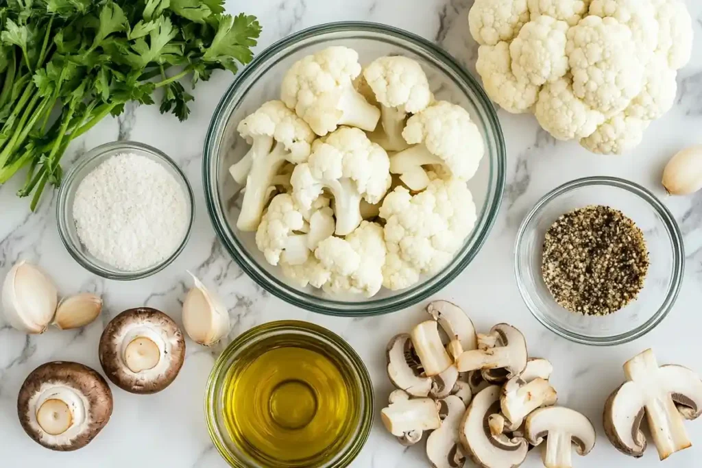 Ingredients for Cauliflower Mushroom Recipe on a Countertop