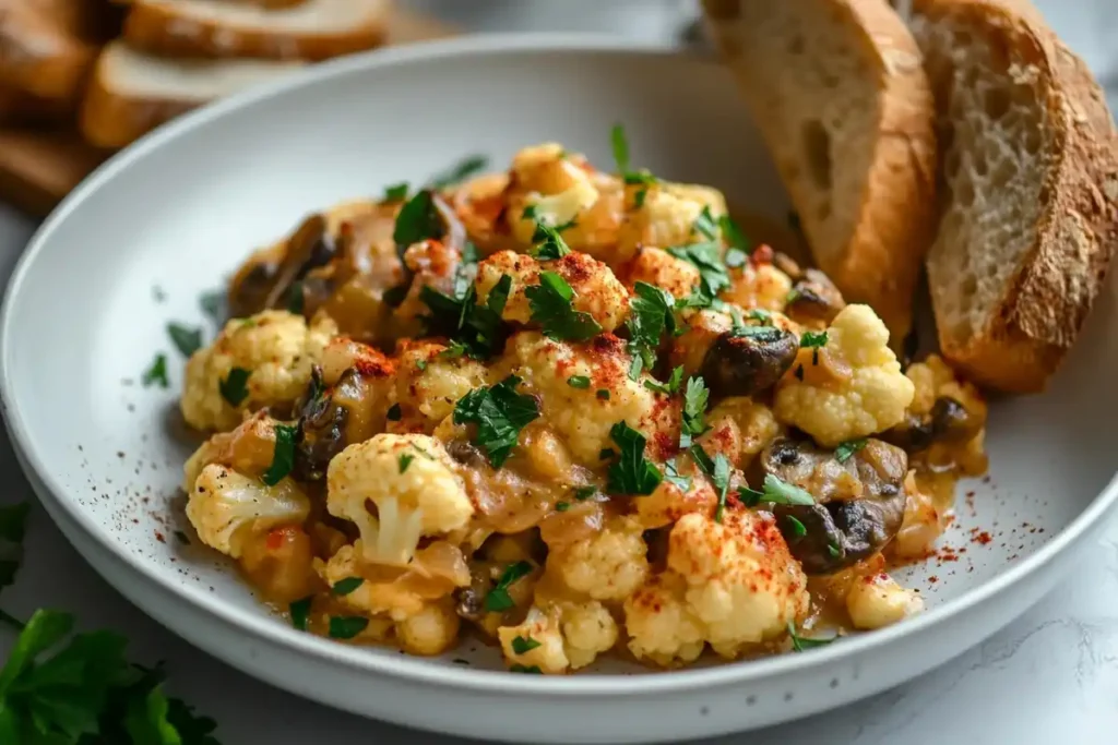 Served Cauliflower Mushroom Recipe with Crusty Bread