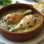 Two golden-brown chicken drumsticks are served in a creamy soup in a brown earthenware bowl.