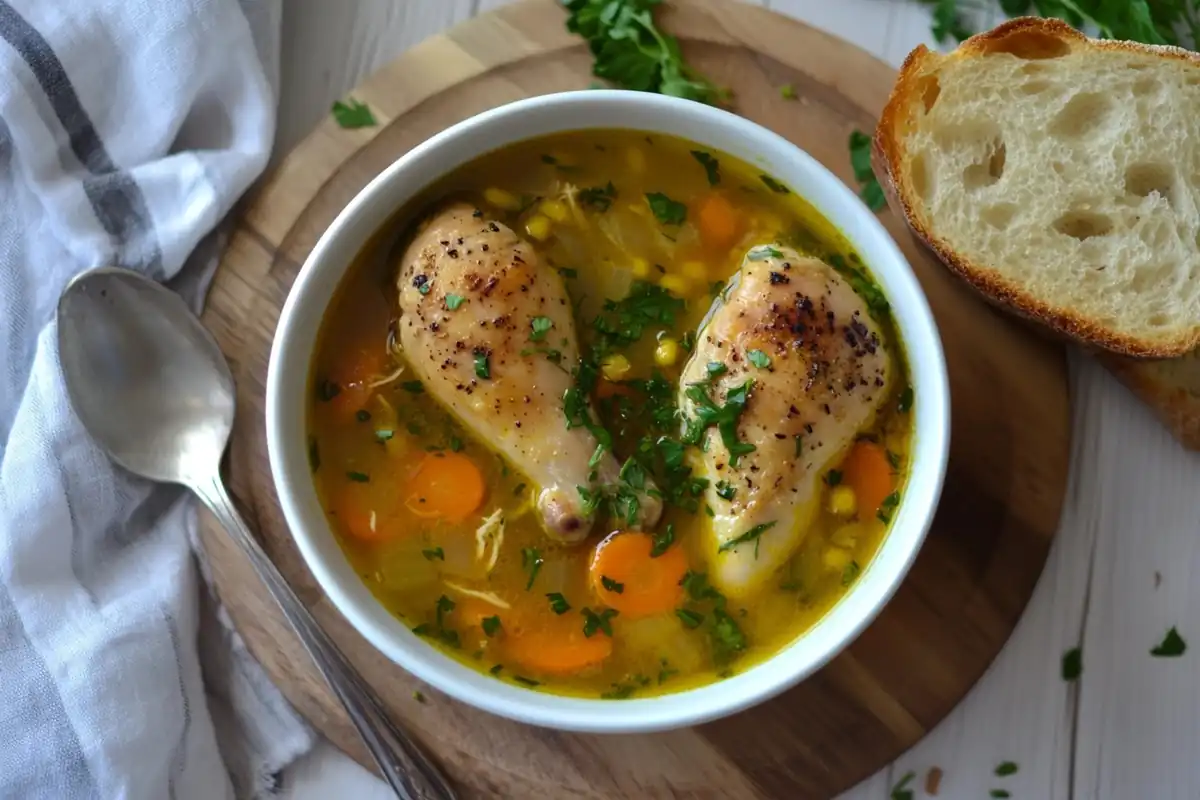 Bowl of chicken drumstick soup garnished with parsley