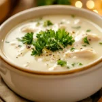 A creamy bowl of Chicken Velvet Soup with fresh herbs and bread.