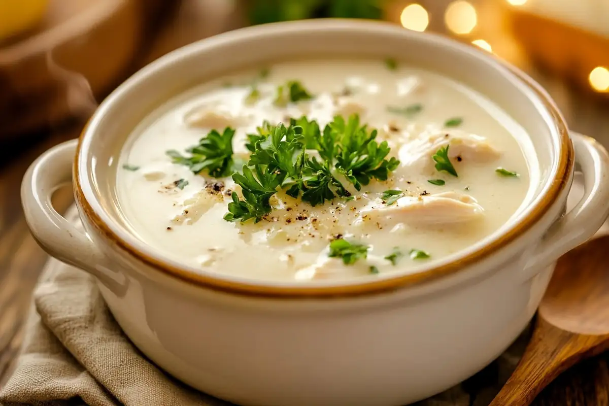 A creamy bowl of Chicken Velvet Soup with fresh herbs and bread.