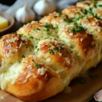 A loaf of cheesy garlic pull-apart bread sits on a wooden cutting board.